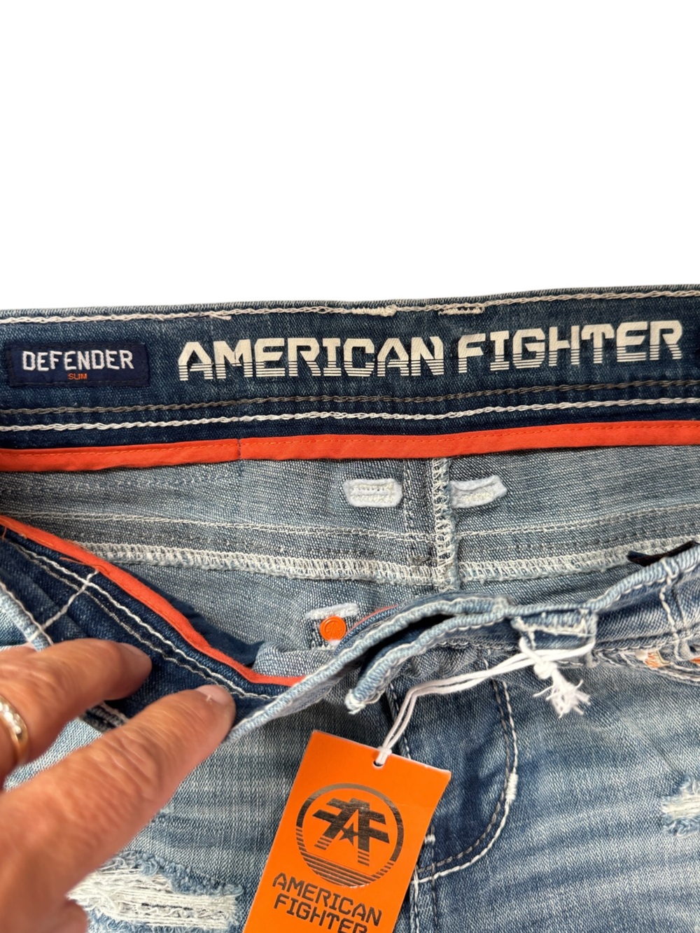 American Fighter Distressed Men's/Unisex Skinny Jeans Embroidered Thrashed Sz 28 - Picture 5 of 8